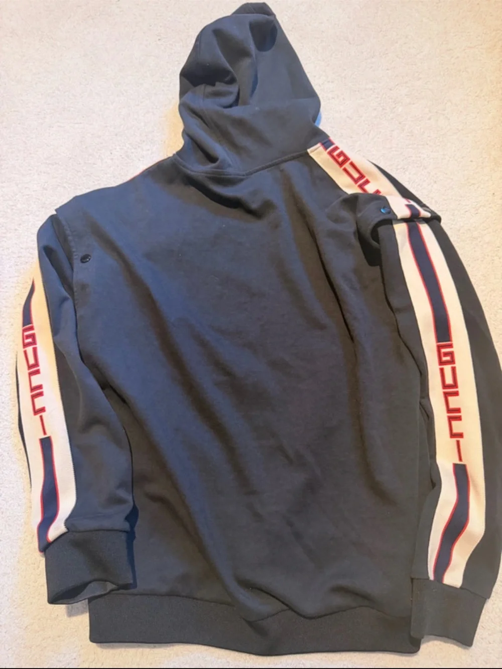 Gucci Navy Hoodie with Cream Sleeves and Red & Blue Stripes